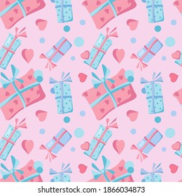 Gifts Boxes with a bow fnd hearts Seamless texture. Holiday, valentines day and birthday gifts cartoon pattern. Vector isolated objects for your design. Perfect for fabrics print, background, wallpape