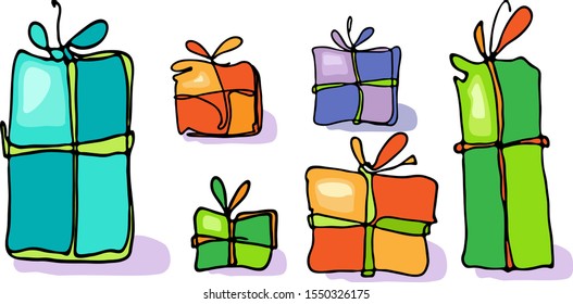Gifts. Boxes with a bow. Set of color drawings. Holiday gifts. Vector isolate element for your design. EPS 8