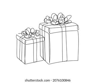 Gifts boxes with bows one line art. Continuous line drawing of new year holidays, christmas, celebration, packaging, holiday, giving, present, decoration.