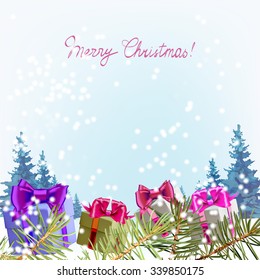 gifts boxes with bows and ribbons, Christmas trees, dream, winter