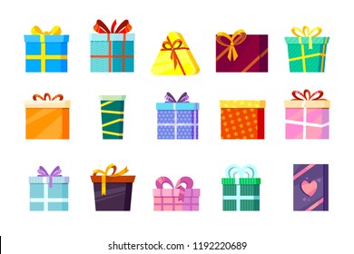 Gifts boxes. Colored xmas valentine and other celebrations, presents, surprise birthday, shopping box with ribbons, and bows. vector flat pictures isolated on white background