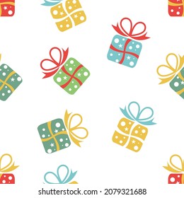 Regalos en cajas. Patrón festivo sin fisuras. La decoración infantil. Imagen vectorial. 