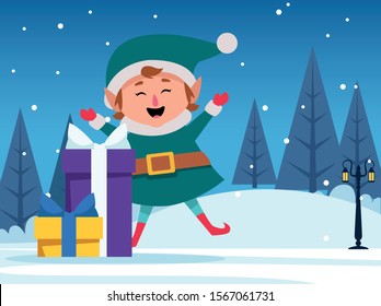 gifts boxes and happy santas helper over snowy night background, colorful design , vector illustration