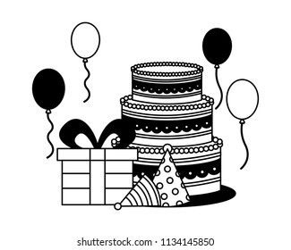 gifts boxes with hat party and sweet cake icon