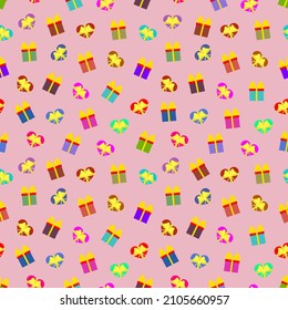 Gifts boxes and hearts with ribbon bow. Vector festive pink background seamless repeating pattern. Editable template.