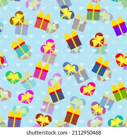 Gifts boxes and hearts with ribbon bow. Vector festive background seamless repeating pattern. Editable template.
