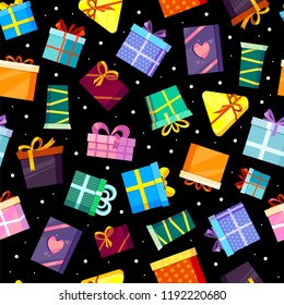 Gifts boxes pattern. Colored xmas valentine and other celebrations presents, surprise birthday, shopping box with ribbons and bows. vector flat pictures. seamless dark snowy background