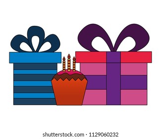 gifts boxes present with cupcake and candles icon