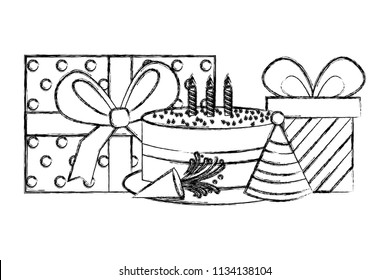 gifts boxes present with sweet cake and hat party