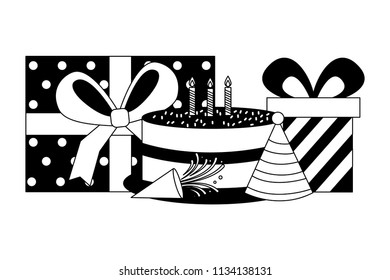 gifts boxes present with sweet cake and hat party