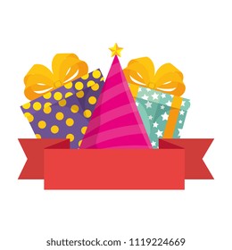 gifts boxes presents with hat party and ribbon