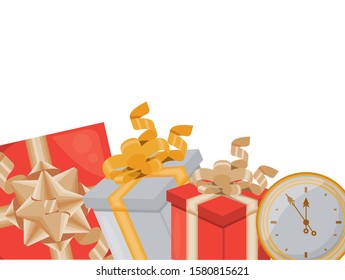 gifts boxes presents with time clock vector illustration design