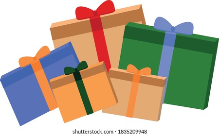 Geschenke in Kisten mit Bändern und Bögen im Vektorflachstil. isoliert. Symbol, Karte, Einladung, Cover, Poster, Urlaub