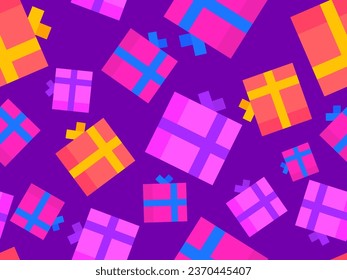 Gifts boxes seamless pattern. Christmas gift boxes with colorful ribbons. Xmas presents design for greeting cards, wrapping paper, banners and promotional materials. Vector illustration