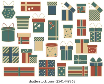 Gifts boxes set. Holiday surprises for Christmas, birthday, anniversary. Kraft traditional Xmas gift box golden, green, red and blue color, vector graphics, clip art