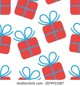 Gifts in boxes with silk ribbons and bows. Seamless pattern for holidays, celebrations, birthdays, weddings. Vector image. 