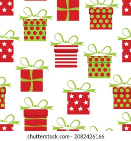 Gifts in boxes with silk ribbons and bows. Seamless pattern for holidays, celebrations, birthdays, weddings. Vector image. 