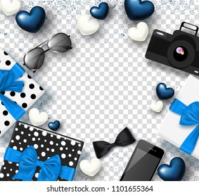 Gifts boxes,camera, phone,serpentine,sunglasses,bow tie and hearts on transparent background.Vector illustration,pattern, mocap