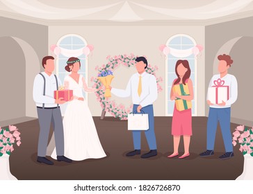 Gifts for bride and groom flat color vector illustration. Newlyweds receive presents. Wedding celebration. Married couple with guests 2D cartoon characters with decorated interior on background