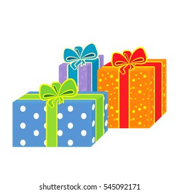 Gifts in bright packaging, front view. Three wrapping multicolored paper. The festive object of different sizes with ribbons and bows. Flat design on white background