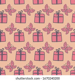 gifts and butterflies seamless vector pink pattern