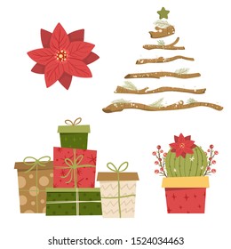 Gifts, cactus and wooden christmas tree. Modern flat concept. Cute vector greeting card, print, label, poster, sign. 