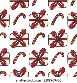 Gifts and candy cane Christmas pattern. Seamless festive background with boxes of surprises. Print digital paper vector illustration