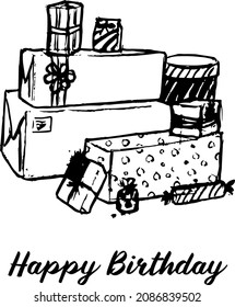 Gifts card illustration. Piles of gift boxes in different shapes sketch. Birthday gift ink illustration. Simple minimal vector drawing. 