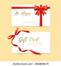 Gifts cards with red gift bows with ribbons. Text Be Happy and Gift Card. Vector illustration