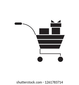 Gifts cart  black vector concept icon. Gifts cart  flat illustration, sign