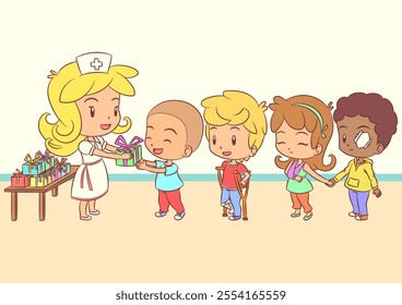 Gifts for children in hospital, hand drawn, vector illustration