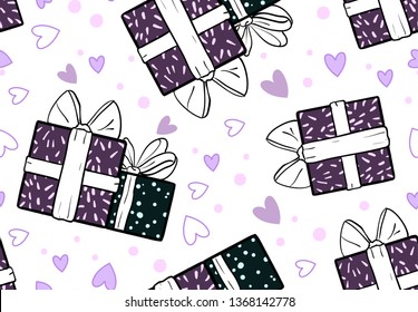 Gifts - children's vector drawing. Wrap seamless pattern. Purple gift boxes with ribbons and bows on white background. Creative cute illustration for printing on fabric, covers, wallpaper.