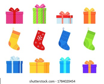 Gifts and christmas socks. Various traditional colorful stockings and gift boxes, new year presents winter decor holiday symbols decorative stylish wrap flat vector set