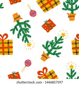 Gifts, Christmas tree, toys Christmas elements in a seamless pattern for the background. vector illustration.