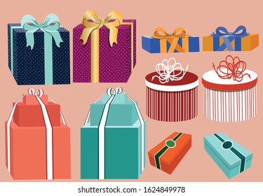 Gifts clipart. Set of multi-colored boxes with bows.