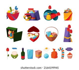 Gifts collection. Holiday presents in cardboards with ribbons decoration garish vector gifts