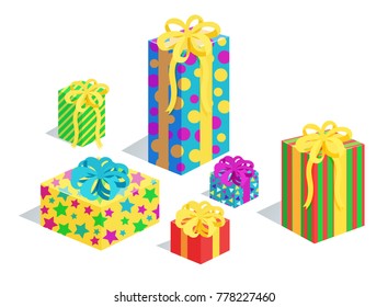Gifts collection in wrappings with patterns of circles and stars, presents with bows, Christmas gifts packed in boxes vector illustration isolated on white