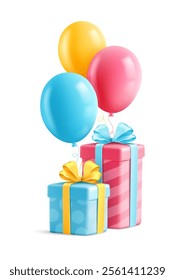 Gifts and colorful balloons for holiday. Packed Christmas or Birthday presents in the boxes with bows. Isolated object cutout. Realistic 3d. Vector illustration.