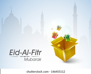 Gifts coming out from golden box concept for Muslim community festival Eid Al Fitr Mubarak (Eid Mubarak).