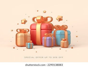 Composición de regalos con cajas actuales detalladas y realistas. Ilustración del vector