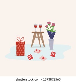 Gifts for the day of Love. Interior with a box with gifts for lovers. Cute presents with hearts, flowers, postcards. Vector illustration