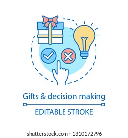 Gifts and decision making concept icon. Benefits. Employee bonuses idea thin line illustration. Vector isolated outline drawing. Editable stroke