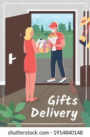 Gifts delivery poster flat vector template. Sending special birthday present to friends. Brochure, booklet one page concept design with cartoon characters. Covid quarantine flyer, leaflet