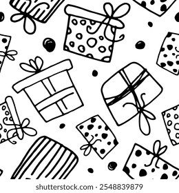 Gifts doodle. Packaging. Cute Christmas seamless pattern. New Year's gifts, holiday packaging Christmas. Vector hand drawn illustration in doodle style. Perfect for printing wrapping paper. EPS 10