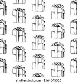 Gifts doodle pattern. Hand drawn gift boxes on transparent backdrop. Seamless vector background. Winter elements for design. Winter theme. Christmas and New Year