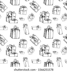 Gifts doodle pattern. Hand drawn gift boxes on transparent backdrop. Seamless vector background. Winter elements for design. Winter theme. Christmas and New Year