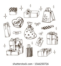 Gifts doodle set. Collection of hand drawn gift boxes  and pockets. Vector illustration. Isolated on white.