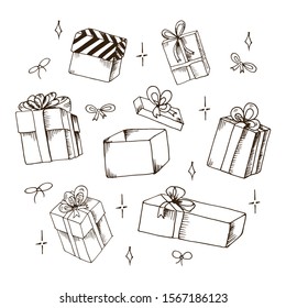 Gifts doodle set. Collection of hand drawn gift boxes  and pockets. Vector illustration. Isolated on white.