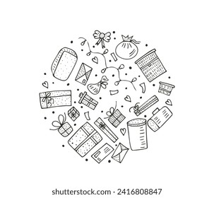 Regalos composición de círculo estilo doodle Holiday presenta boceto aislado en fondo blanco. Bandera redonda de la celebración del cumpleaños. Ilustración vectorial.