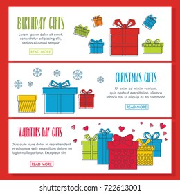 Gifts doodle three horizontal banners. Doodle illustration of Gifts vector for web and design